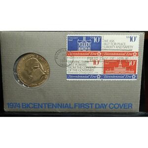 1974 BICENTENNIAL FIRST DAY COVER BRONZE MEDAL JOHN ADAMS WITH STAMPS